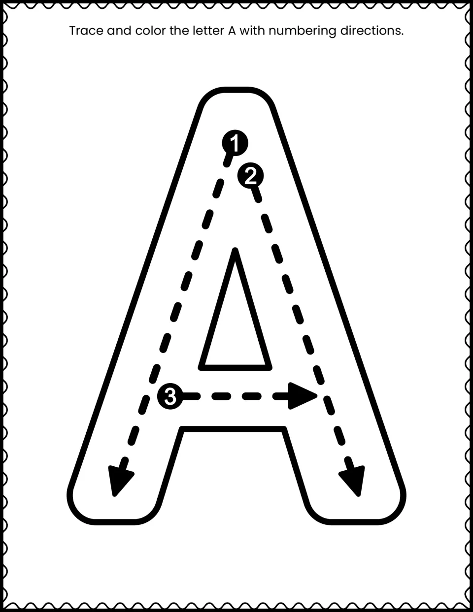 Uppercase A letter formation: students trace three numbered dashed strokes with arrows, then color the big letter