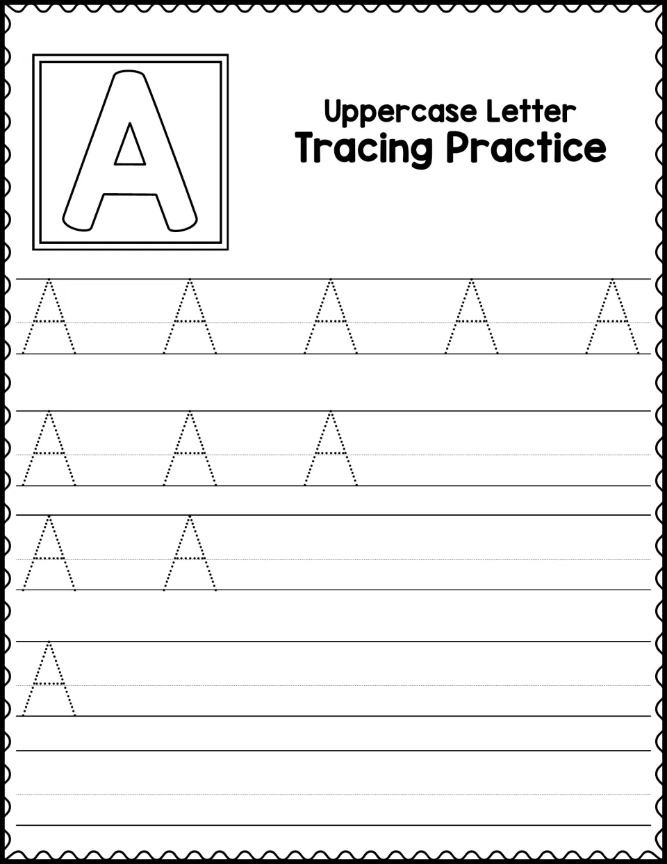 Uppercase Letter Tracing Practice: students trace dotted capital A's in rows that shrink, then write A on their own