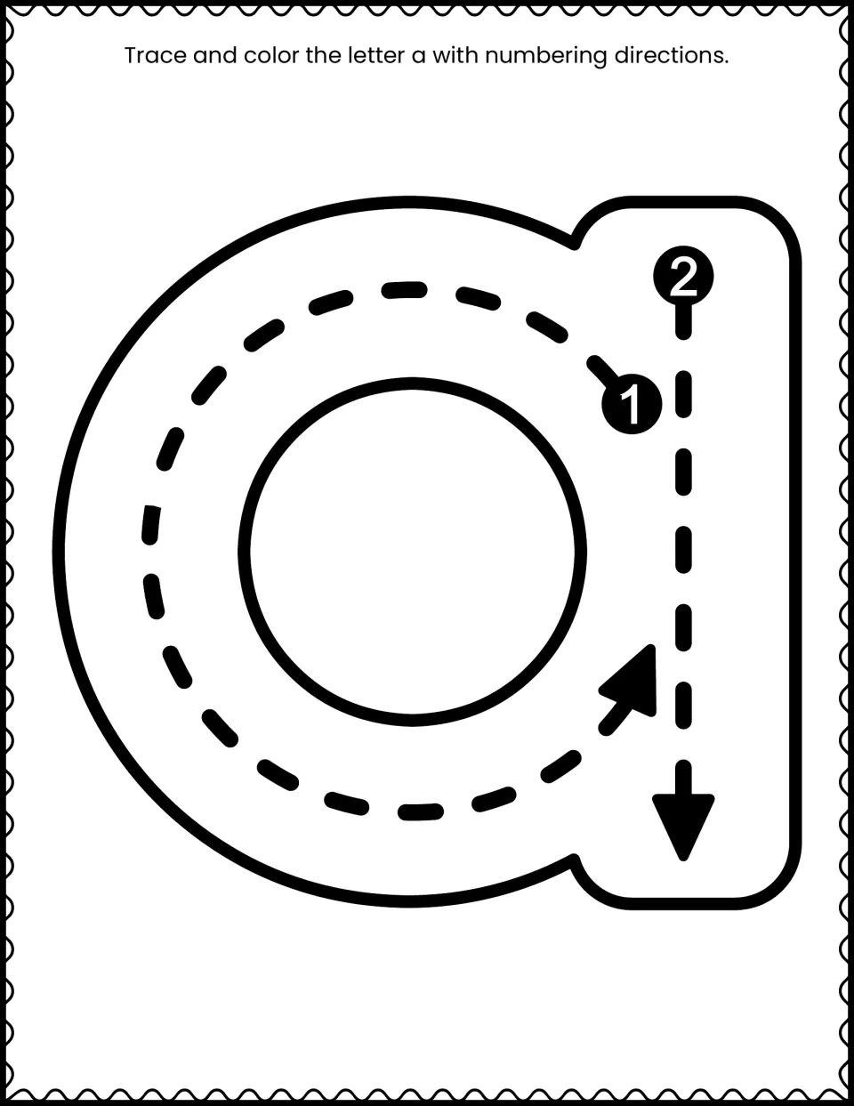 Lowercase a letter formation: students follow two numbered dashed strokes, a curve then a line down, and color it
