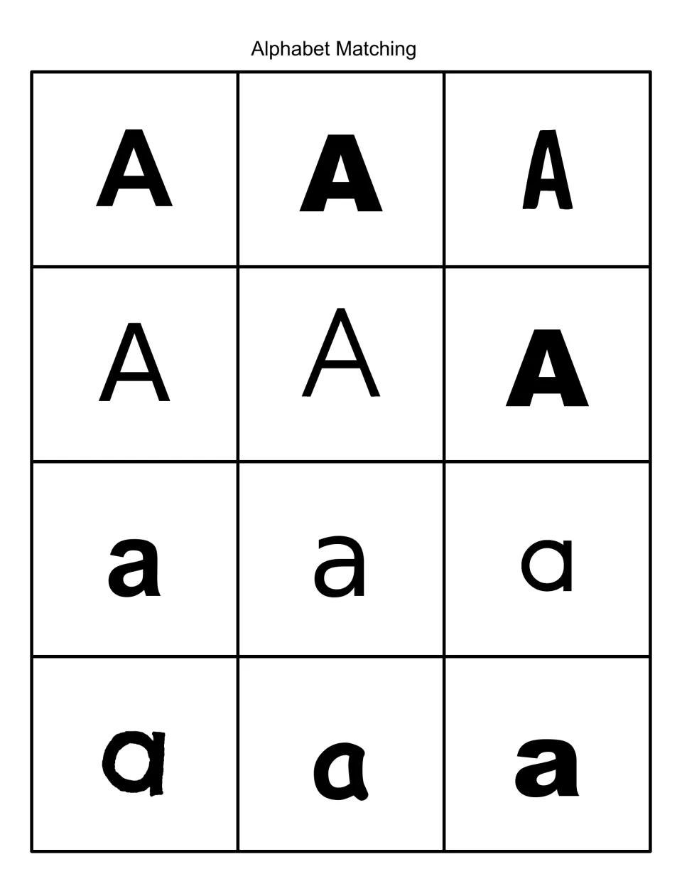 Alphabet Matching letter cards in black: six uppercase A and six lowercase a in different fonts for sorting by case