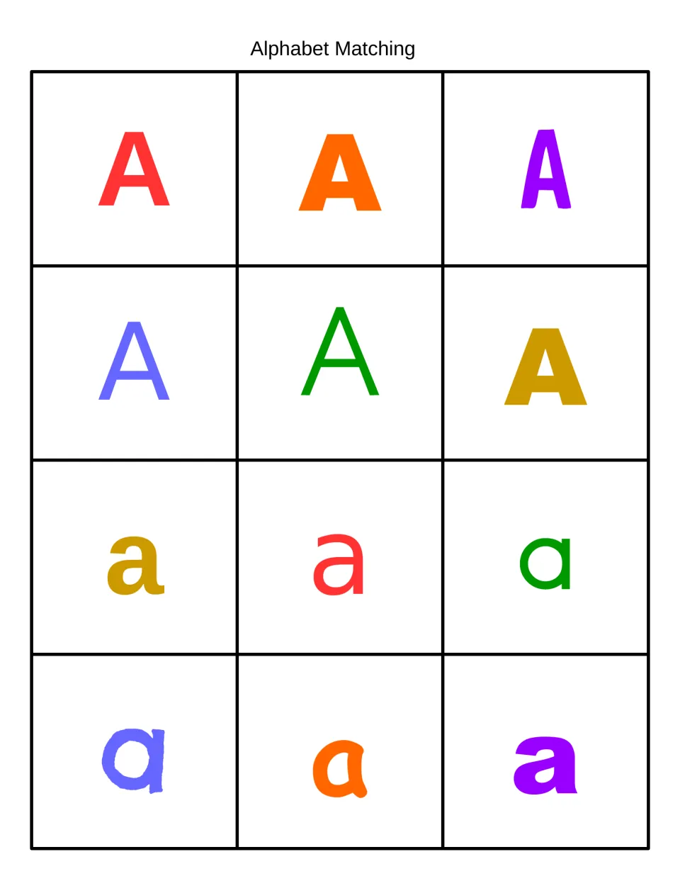 Alphabet Matching letter cards in color: six uppercase A and six lowercase a in varied fonts and colors to match by case