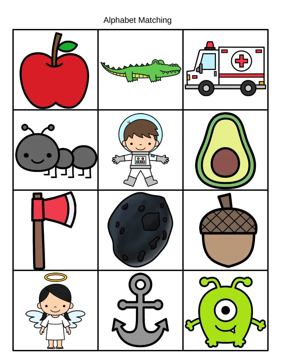 Letter A picture cards: apple, alligator, ambulance, ant, astronaut, avocado, ax, asteroid, acorn, angel, anchor, alien