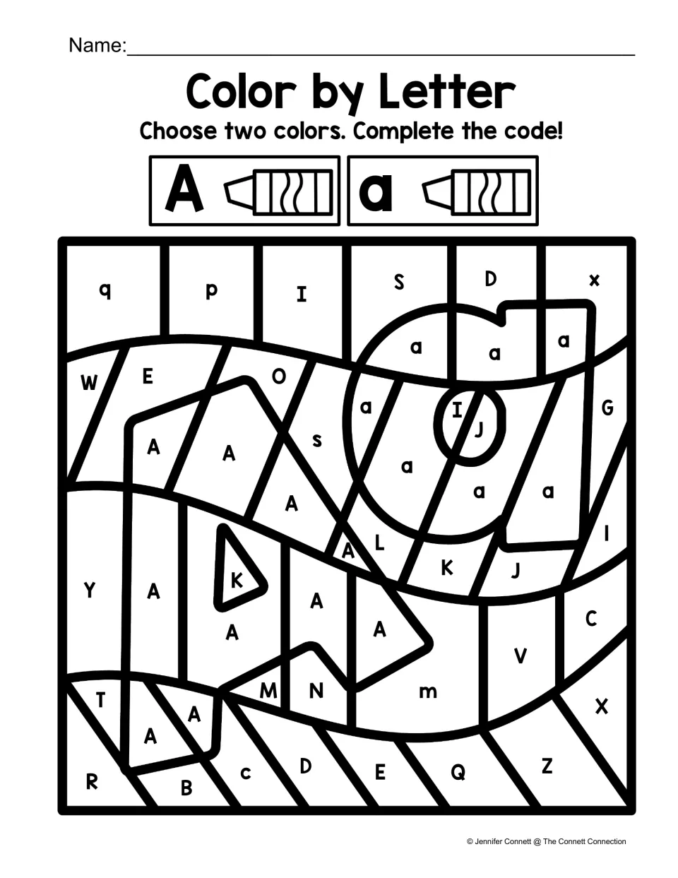Letter A color-by-code activity featuring large uppercase A and lowercase a shapes, with a color for each case