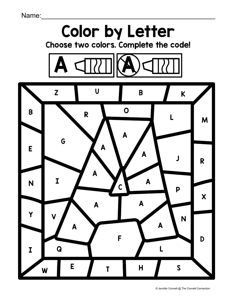 Uppercase A color-by-code activity featuring a large letter A, using separate colors for A and other letters