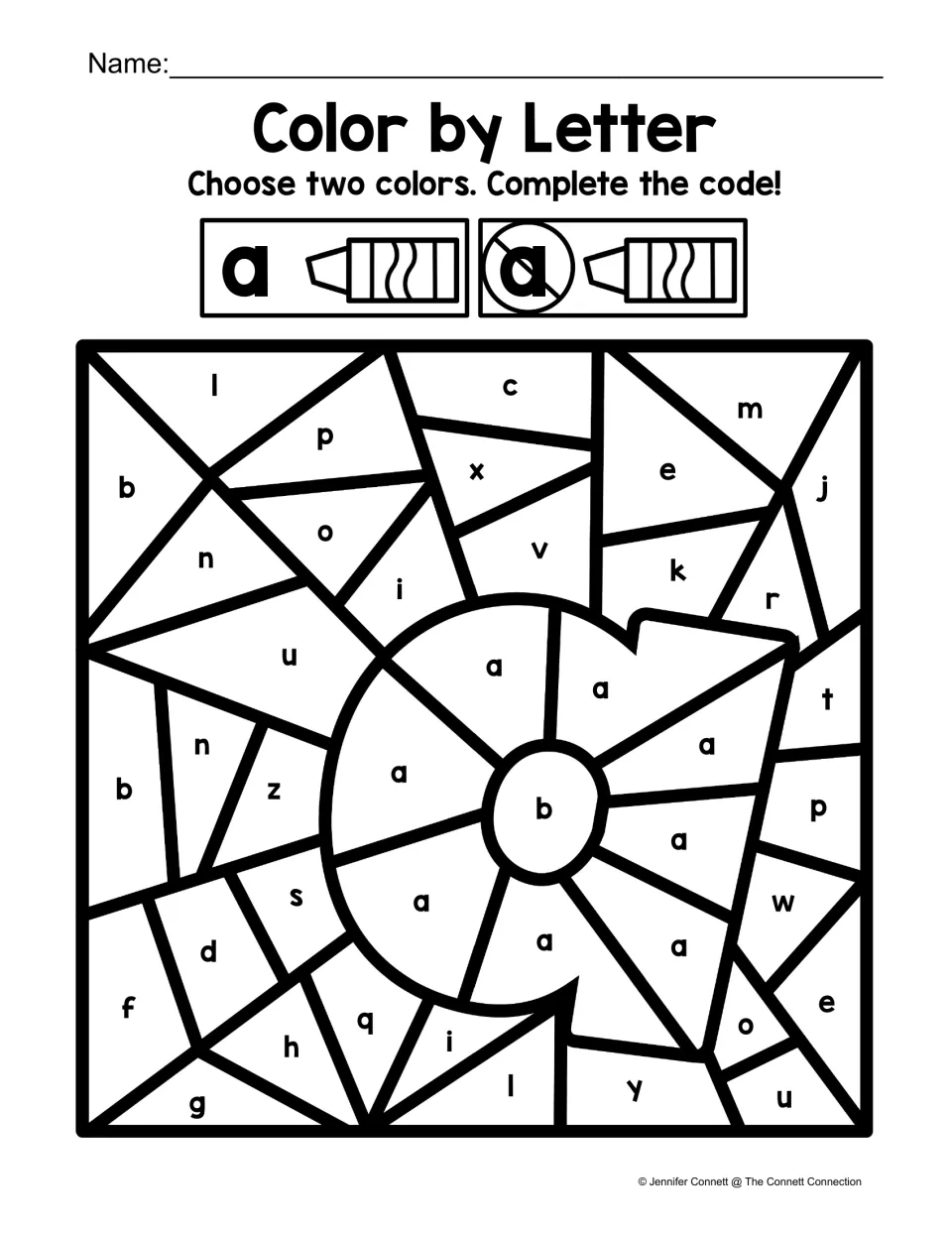 Lowercase a color-by-code activity featuring a large letter a, using separate colors for a and other letters