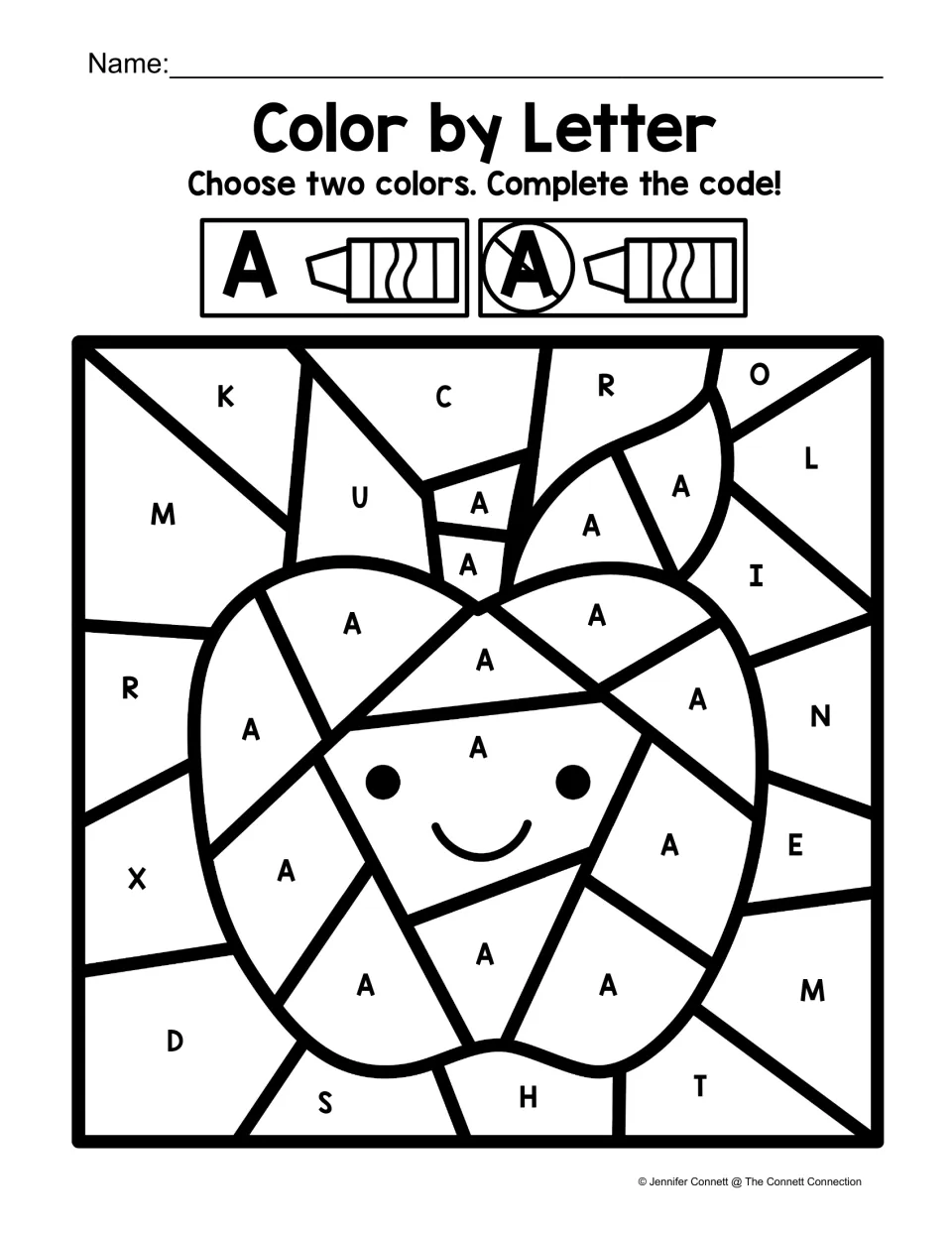 Apple color-by-code activity for uppercase A recognition, using one color for A and another for other letters