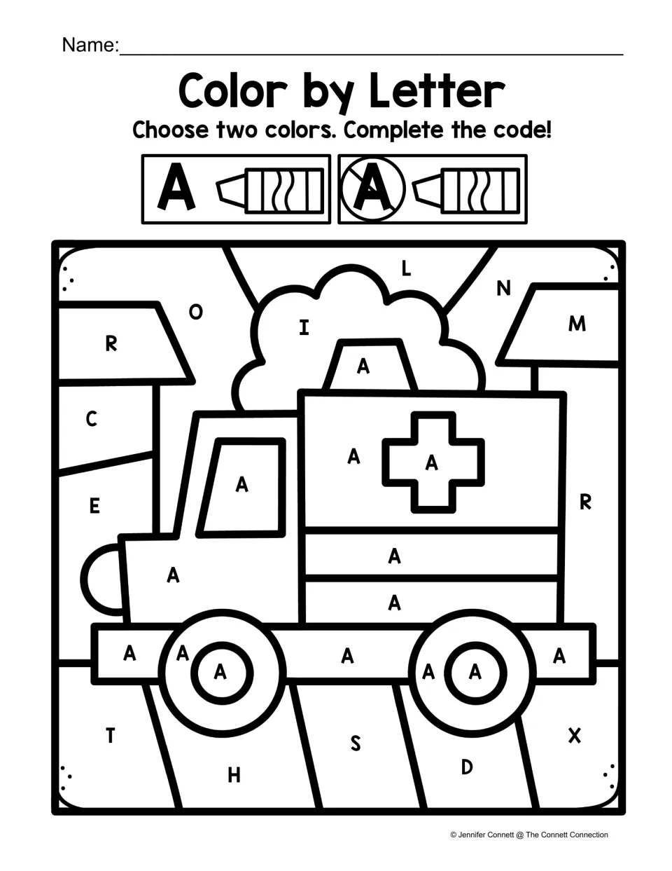 Ambulance color-by-code activity for uppercase A recognition, with A labels on the vehicle and other letters nearby