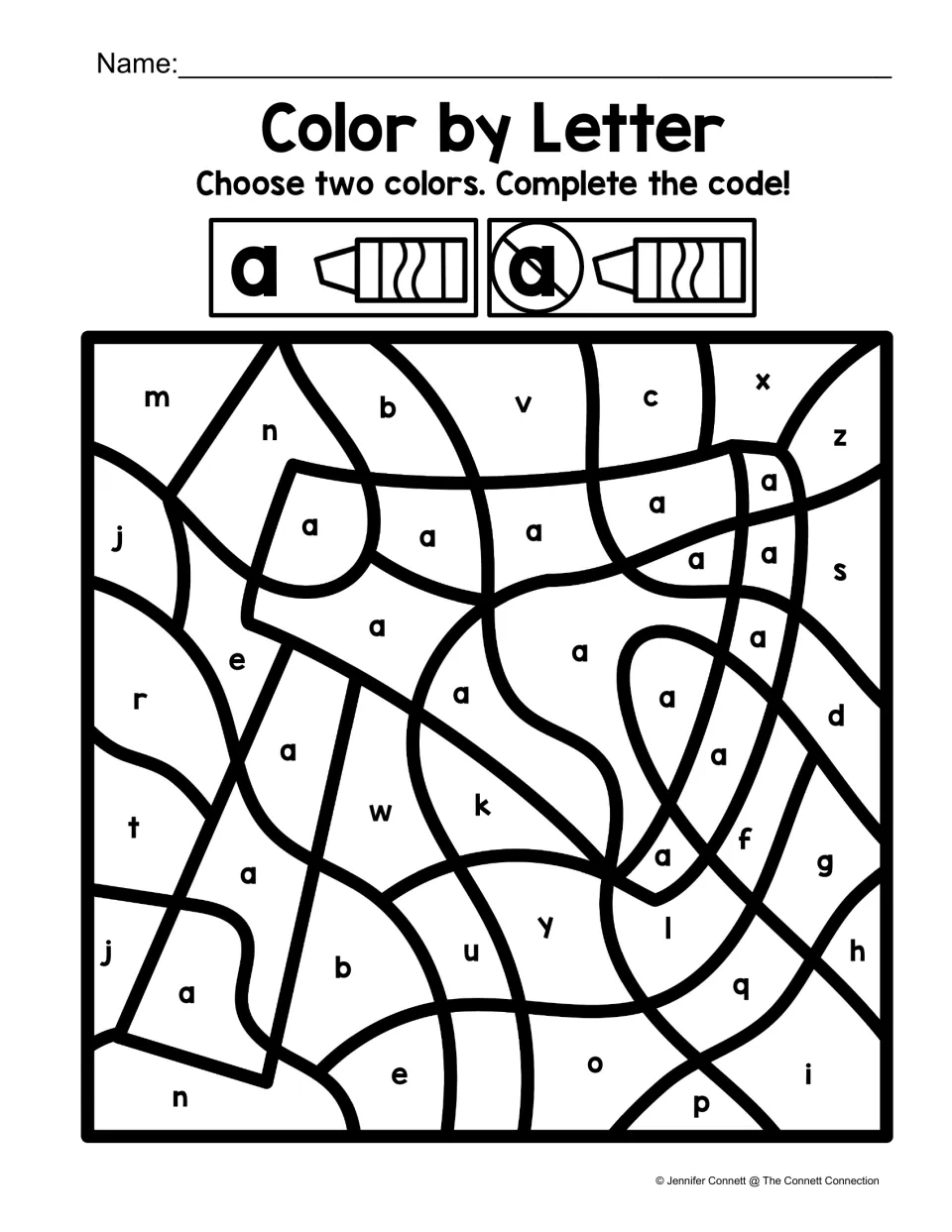 Ax color-by-code activity for lowercase a recognition, using one color for a and another for other letters