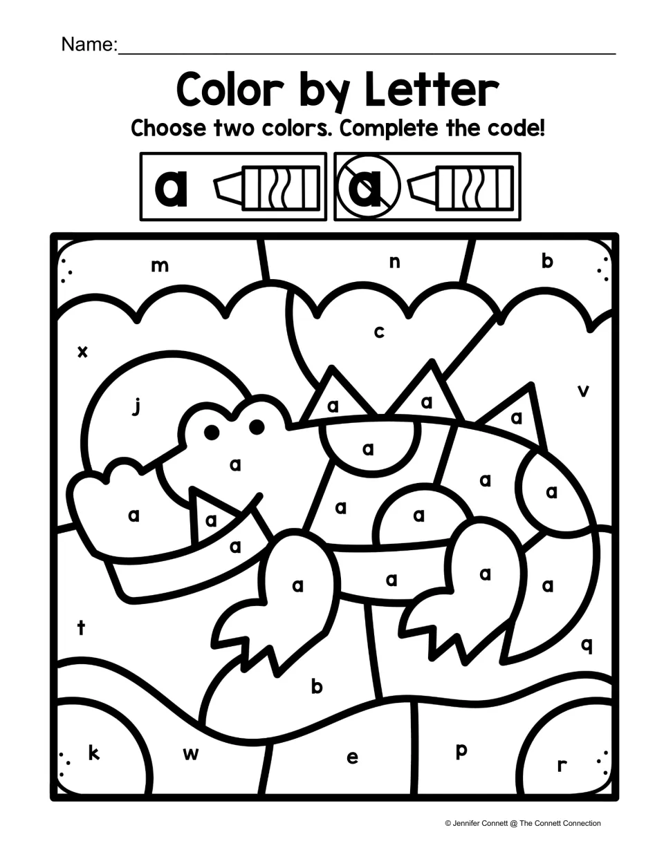 Alligator color-by-code activity for lowercase a recognition, with a labels on the animal and other letters nearby