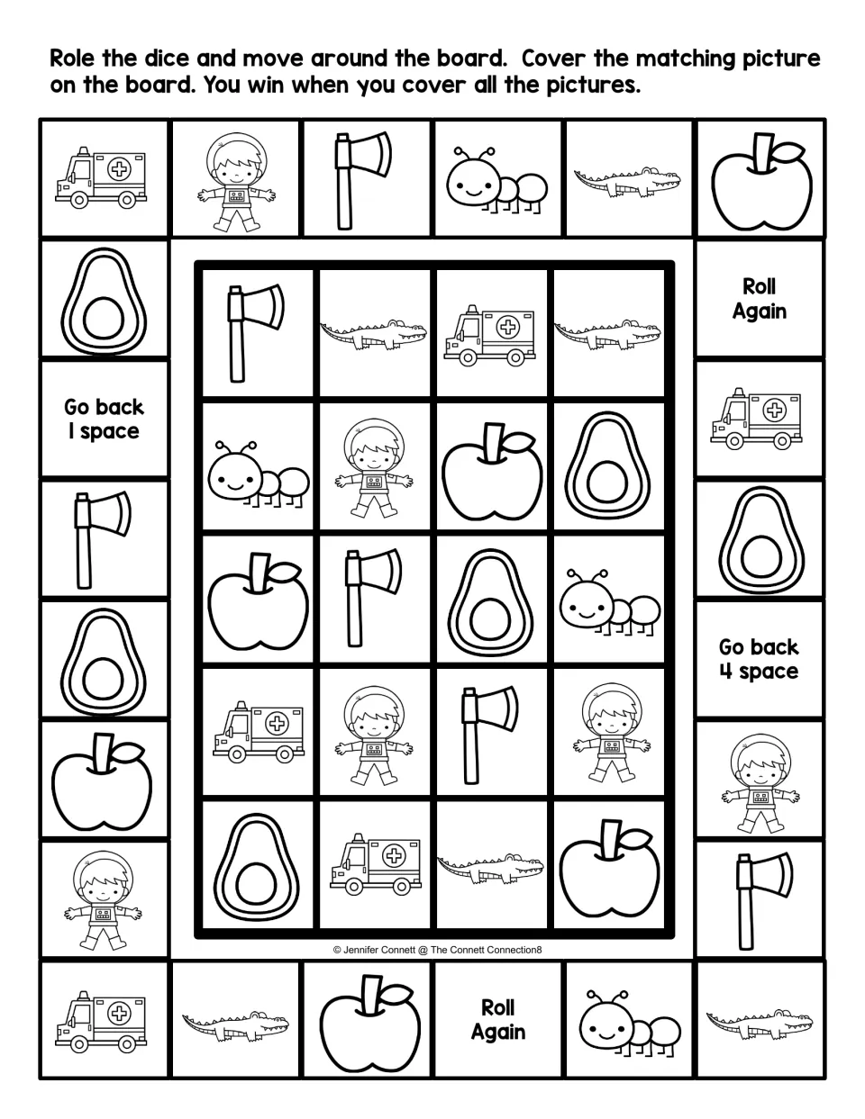 Letter A beginning sounds board game in black and white: roll, move and cover apple, ant, axe, avocado or ambulance