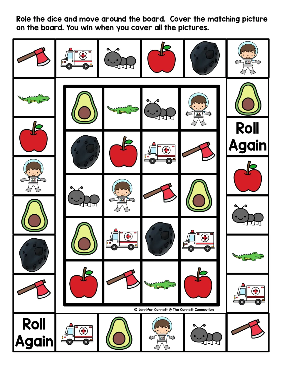 Short a picture game in color: roll a die, land on asteroid, alligator or astronaut and cover the matching picture