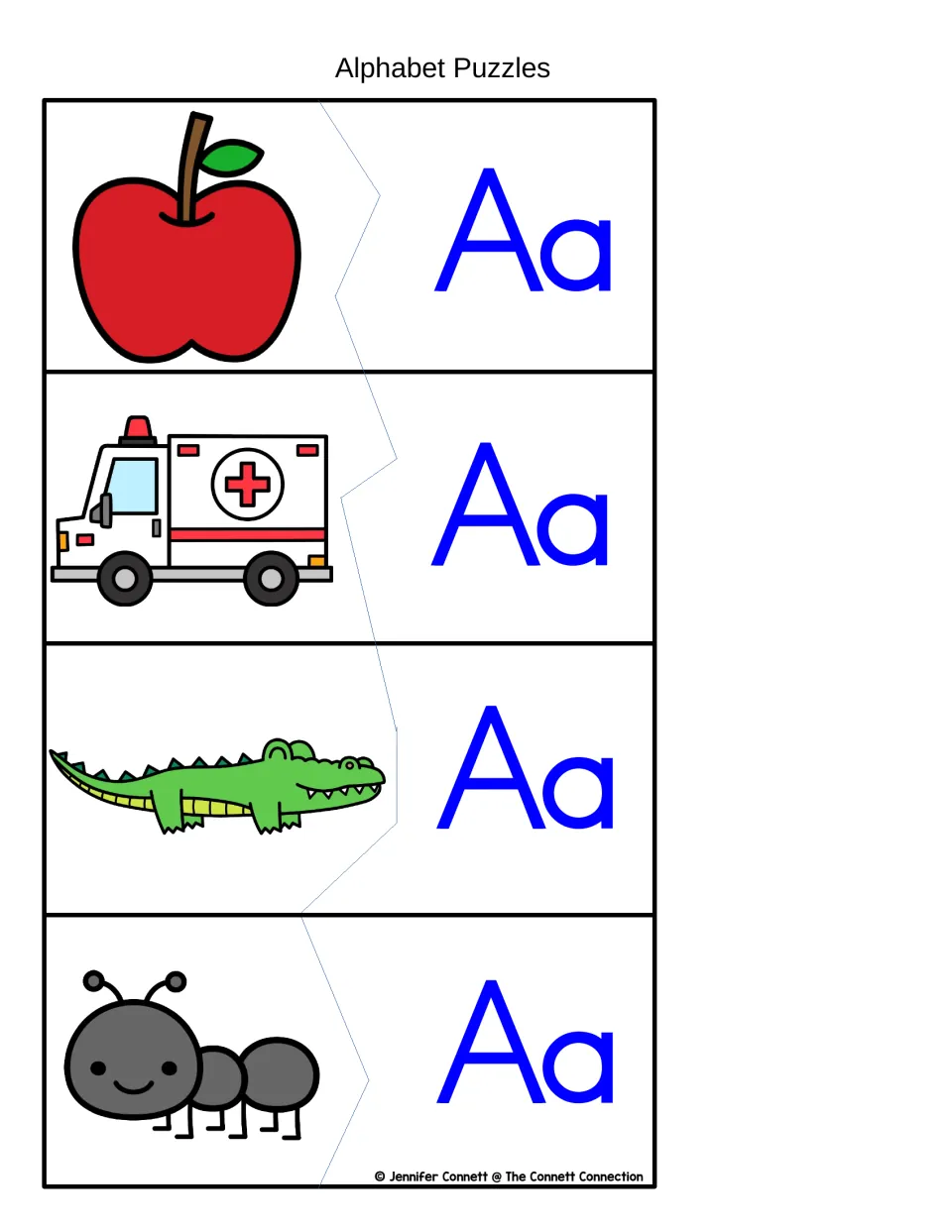 Short a sound puzzles: students match Aa letter halves to pictures of an apple, ambulance, alligator and ant