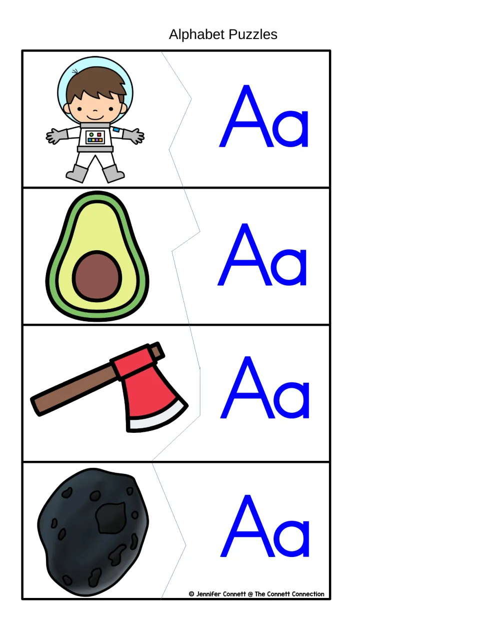Letter A picture puzzles: children join each Aa half to its picture of an astronaut, avocado, axe or asteroid