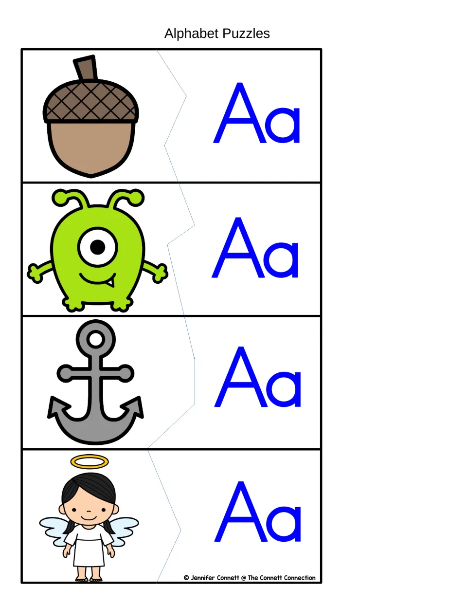 Two-piece Aa puzzles: learners fit the letter side to an acorn, a one-eyed alien, an anchor and an angel picture