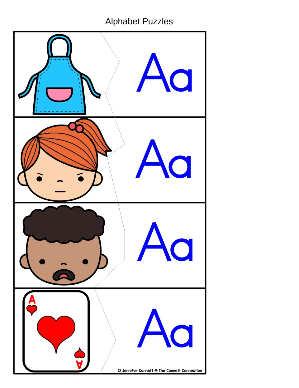 Beginning sound match for A: students pair Aa pieces with an apron, an angry girl, an upset boy and an ace of hearts