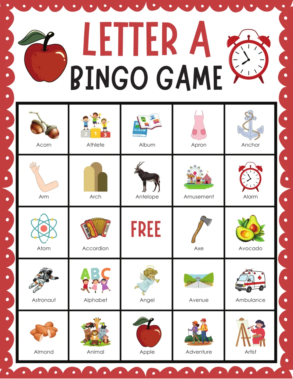 Letter A bingo card: students mark pictured A words such as Acorn, Athlete, Album, Apron and Anchor around a FREE space