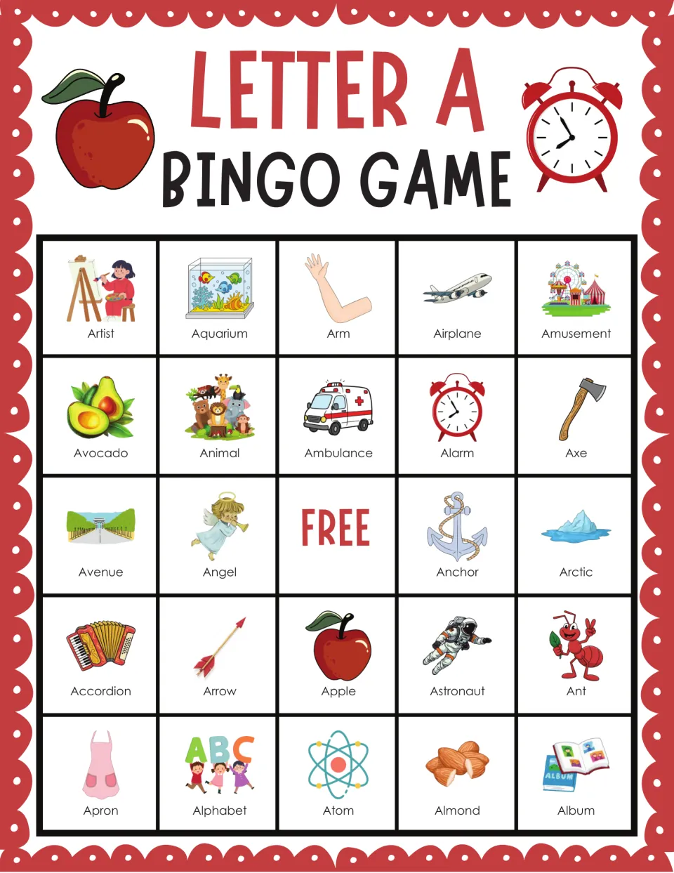 Letter A bingo card with initial-sound pictures, top row Artist, Aquarium, Arm, Airplane and Amusement, plus a FREE space