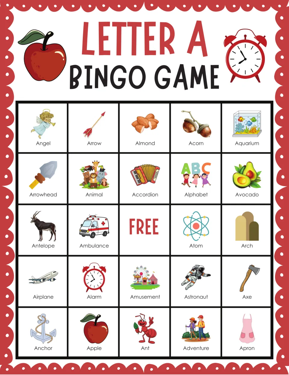 Letter A bingo card: children find words starting with A, from Angel, Arrow, Almond, Acorn and Aquarium to Ant and Apron