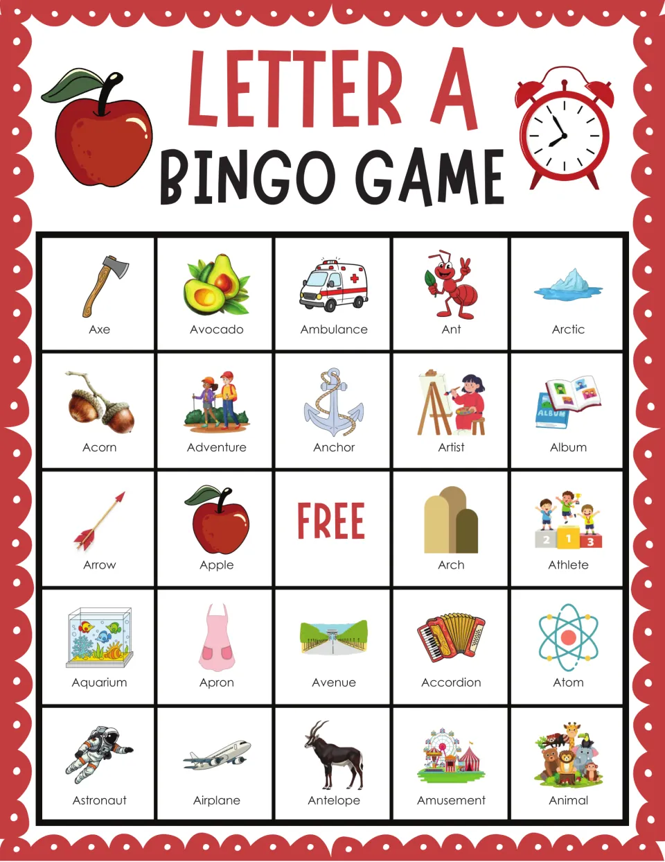 A-sound bingo board where players cover pictures like Axe, Avocado, Ambulance, Ant and Arctic as each word is called out