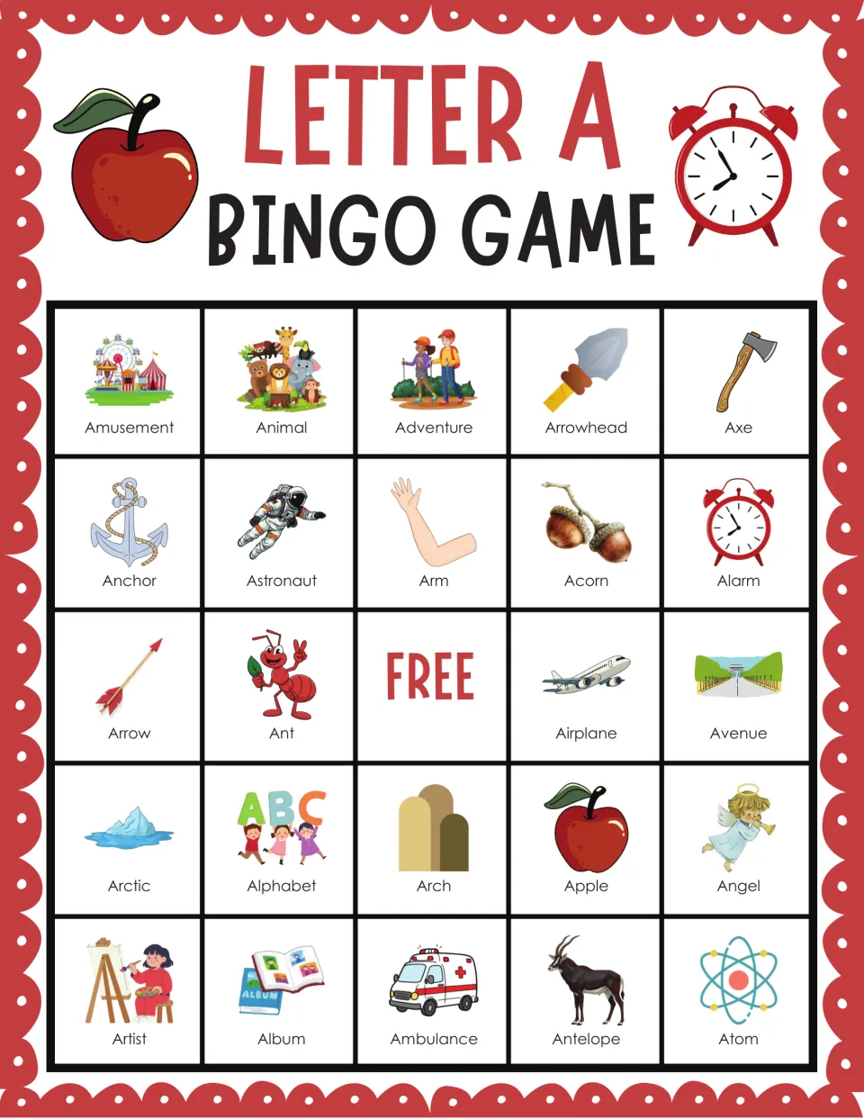 Letter A bingo card for beginning sounds; first row Amusement, Animal, Adventure, Arrowhead and Axe, with a FREE middle