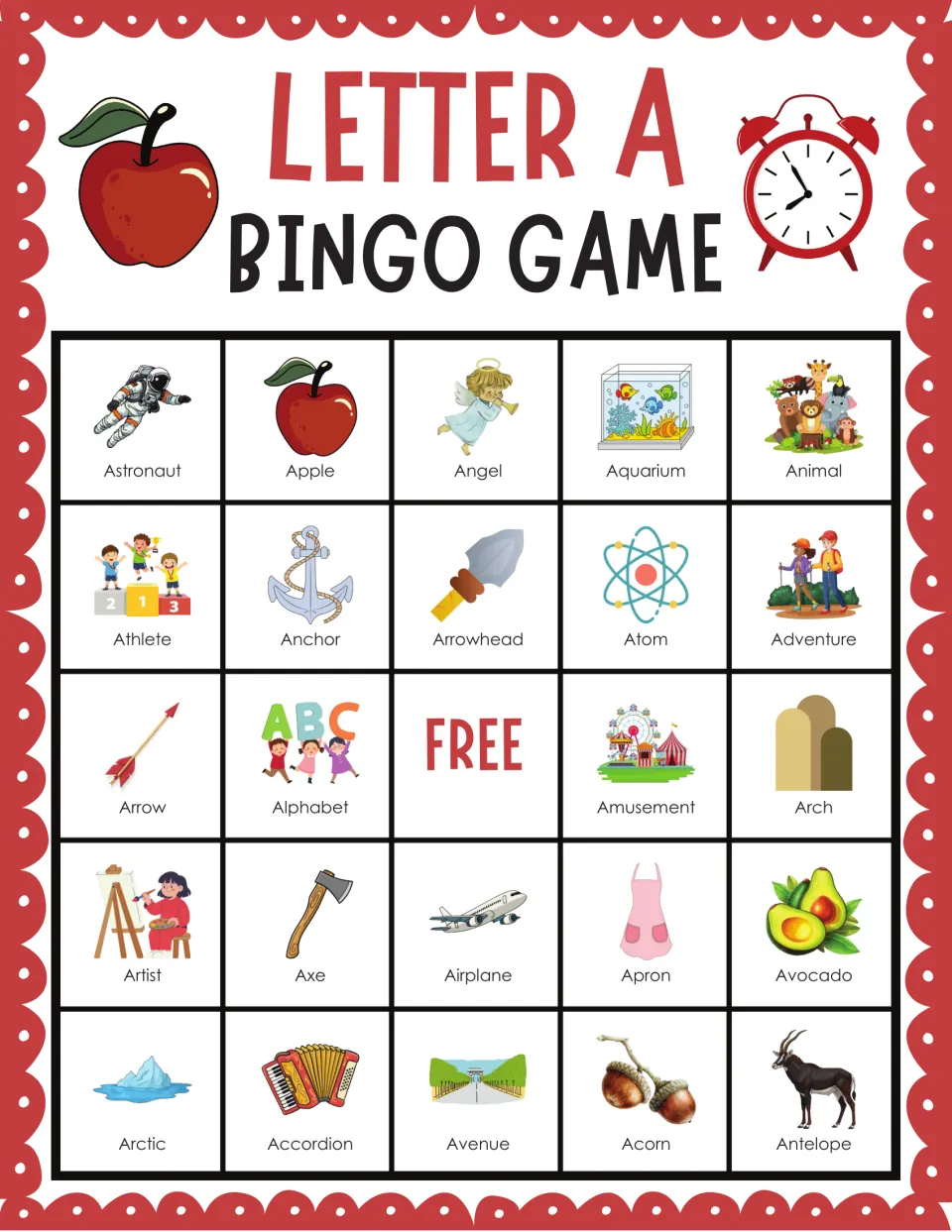 Picture bingo for letter A sounds: students mark Astronaut, Apple, Angel, Aquarium, Animal and more labeled A words