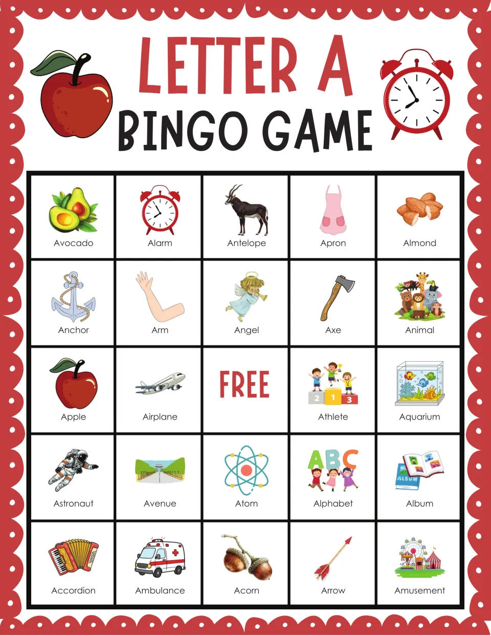 Letter A bingo card, top row Avocado, Alarm, Antelope, Apron and Almond; players listen for A words and cover matches