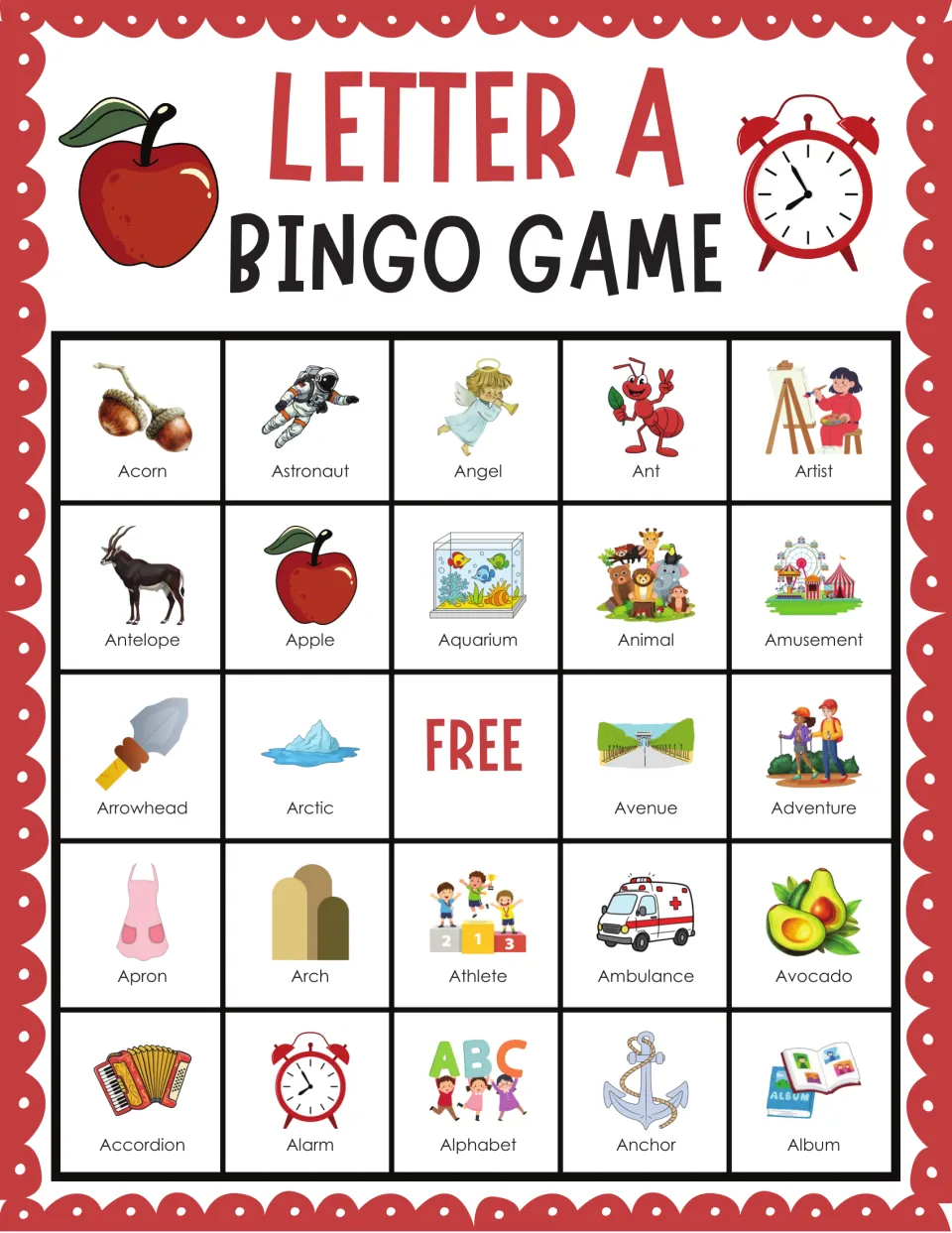 Alphabet recognition bingo for A: children cover pictured words such as Acorn, Astronaut, Angel, Ant and Artist