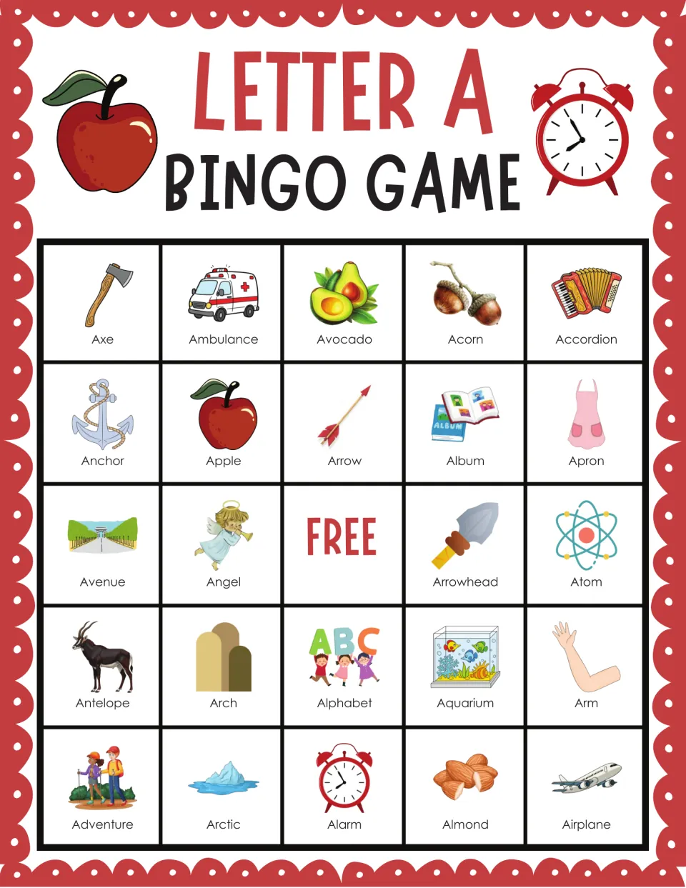 Letter A phonics bingo card starting with Axe, Ambulance, Avocado, Acorn and Accordion; students mark called A words