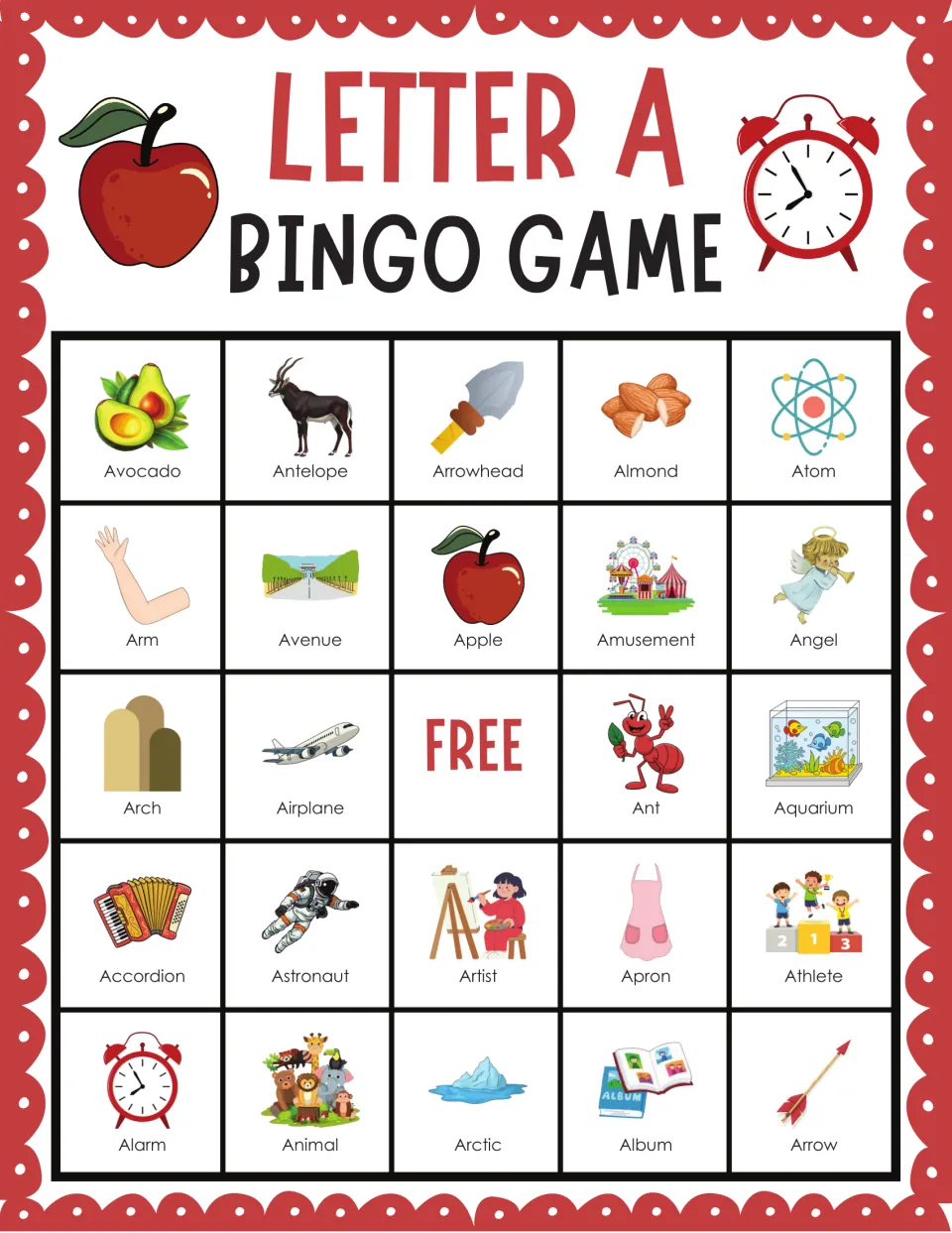 Letter A bingo card with labeled pictures from Avocado, Antelope, Arrowhead, Almond and Atom down to Album and Arrow