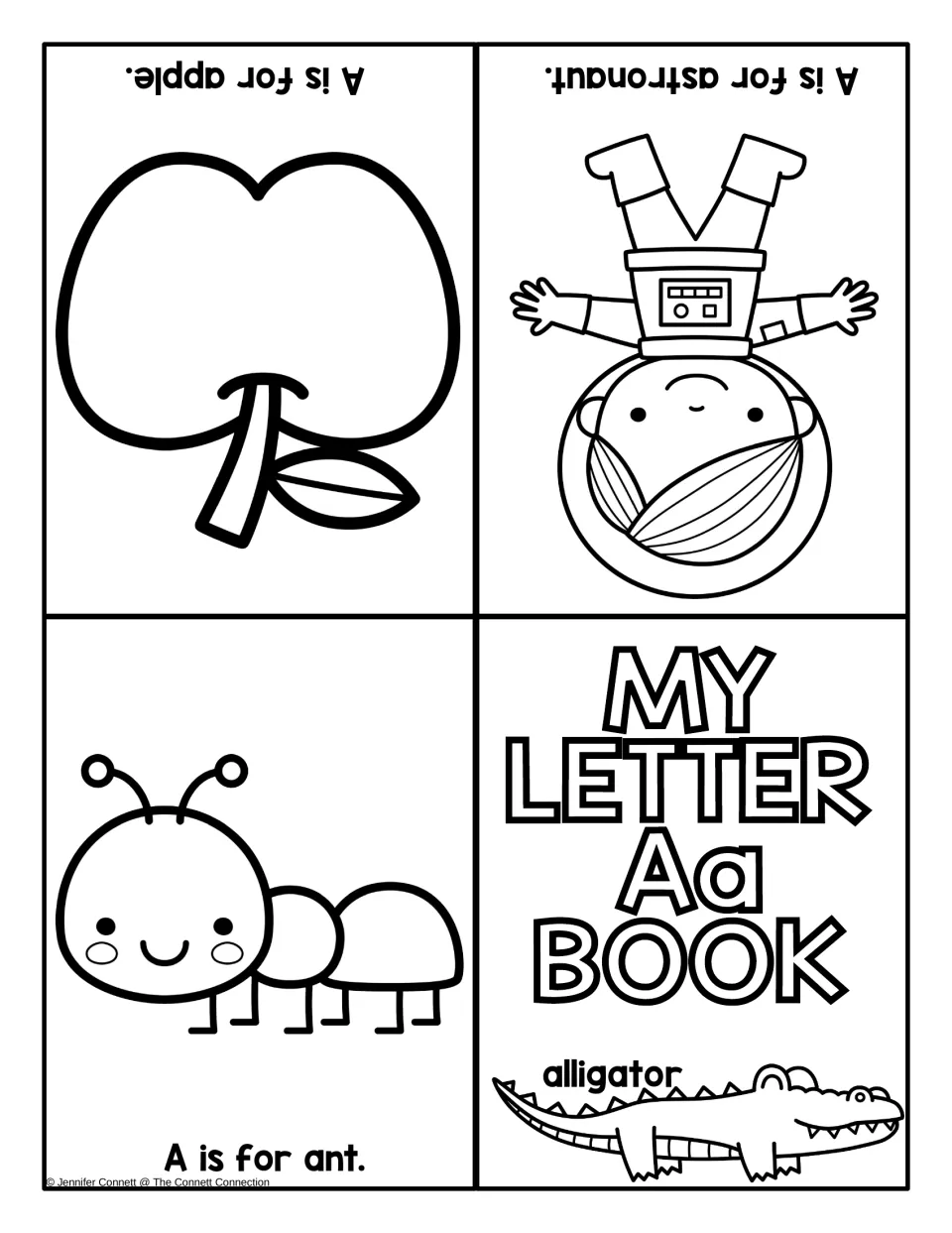 Foldable letter A mini-book with My Letter Aa cover and alligator; students color apple, astronaut and ant pages