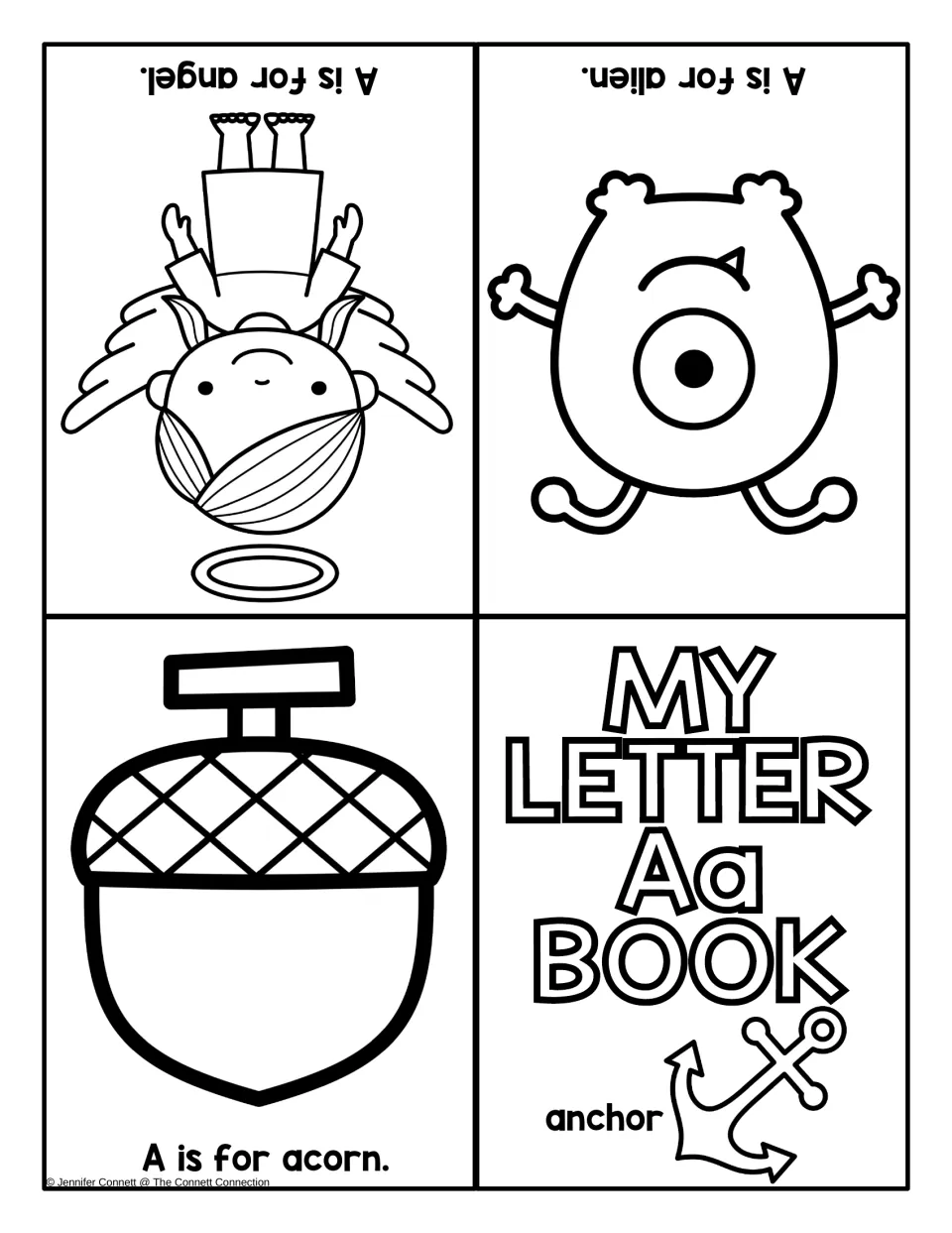 Second letter A mini-book with anchor cover; students color pages: A is for angel, A is for alien, A is for acorn