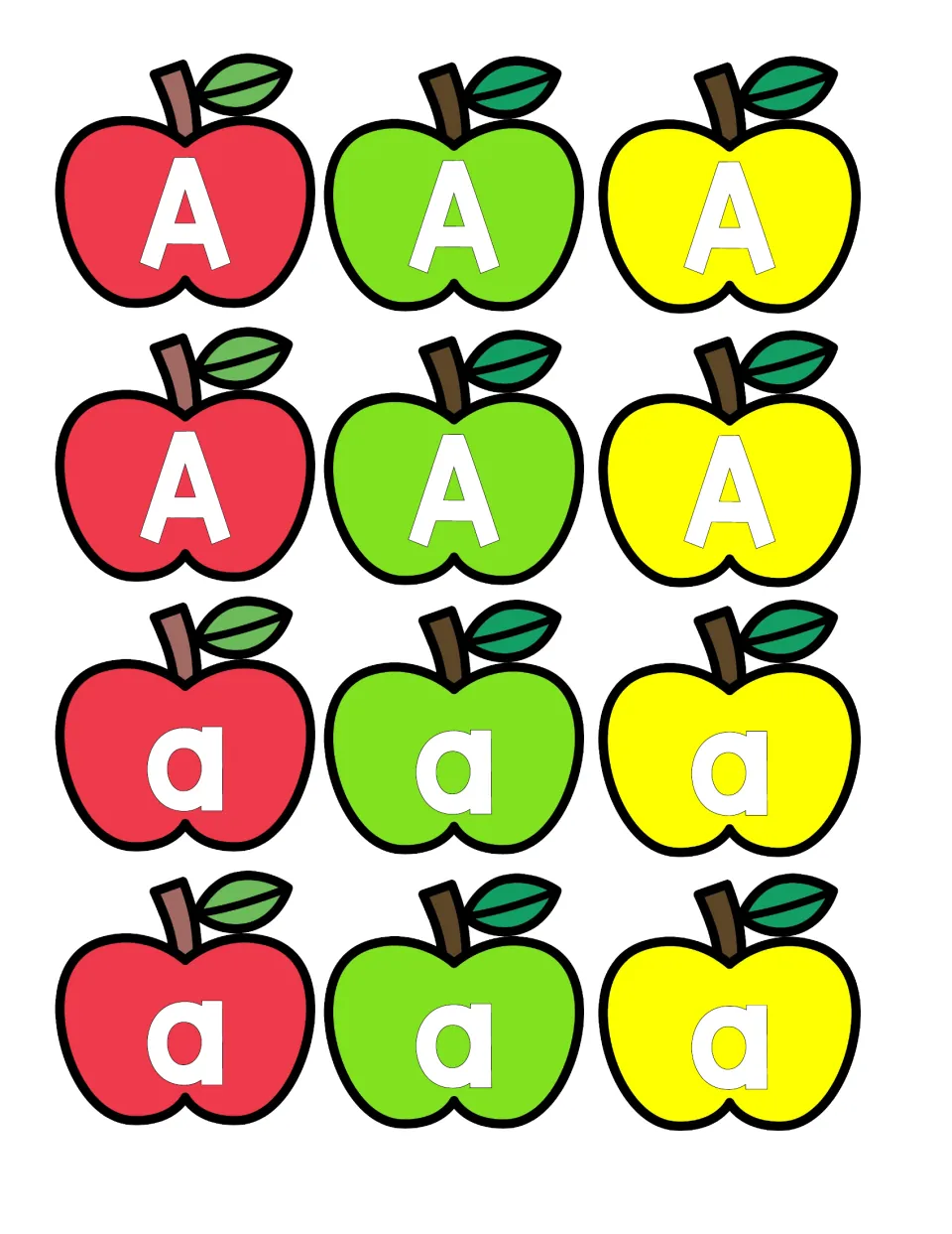 Letter A apple cards: students cut out 12 red, green and yellow apples, six with capital A and six with lowercase a