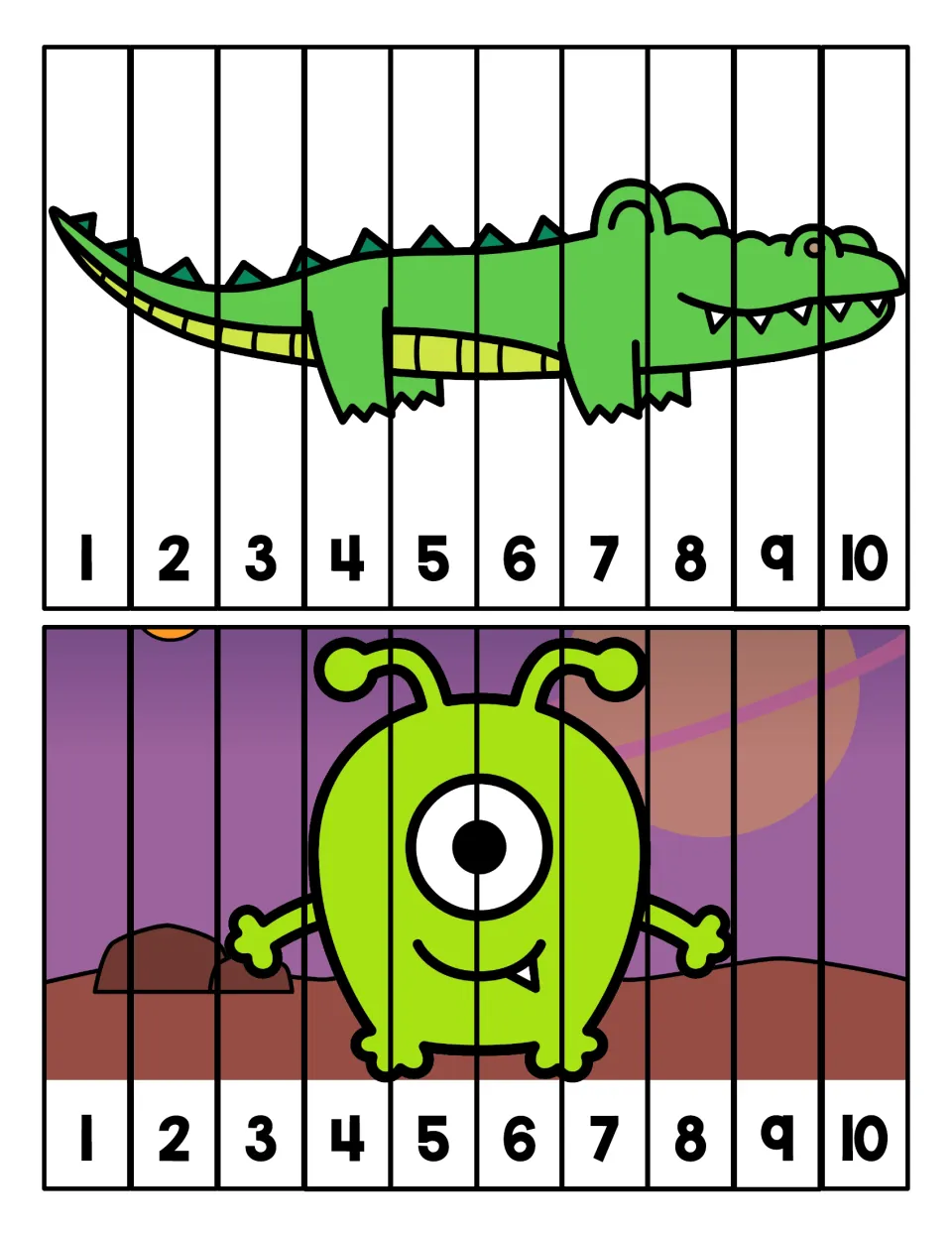 Counting to 10 puzzles: students order 10 numbered strips 1 to 10 to rebuild an alligator and a green alien picture