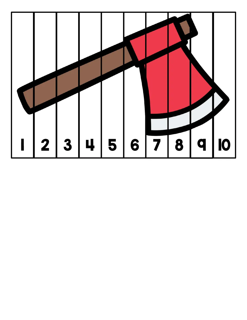 Counting to 10 puzzle: students put 10 strips in number order from 1 to 10 to complete a picture of a red axe