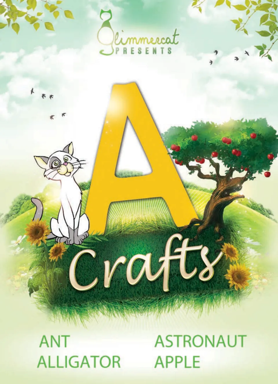 Glimmercat cover for A Crafts: a big yellow A, cat and apple tree, listing ant, alligator, astronaut and apple projects