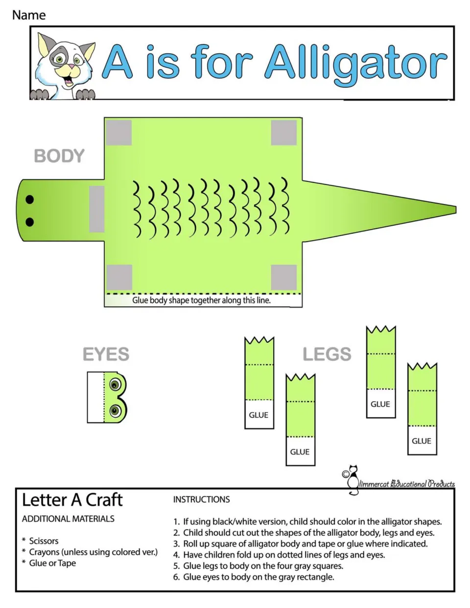A is for Alligator, color: students cut out the alligator body, eyes and four legs, then roll, fold and glue it together