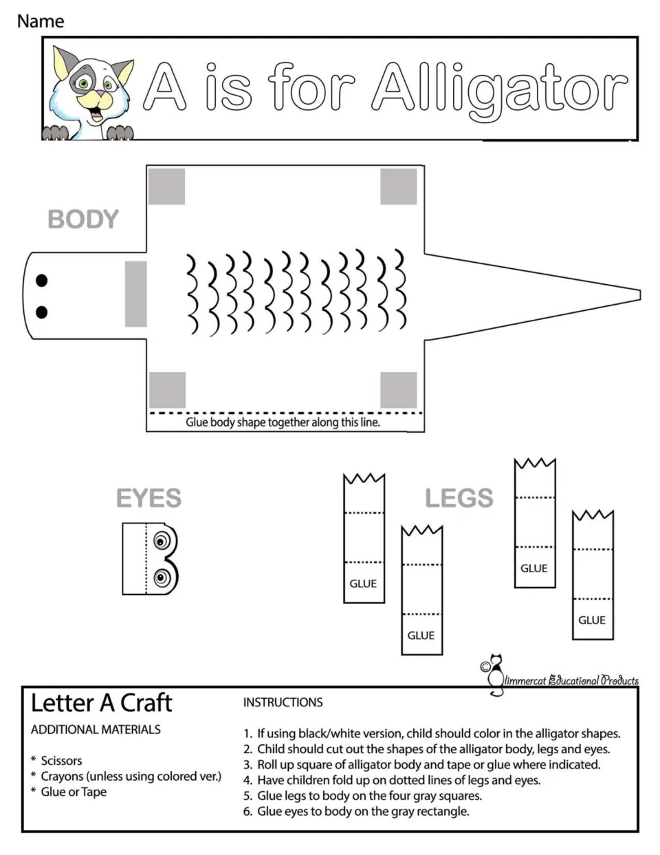 A is for Alligator, black and white: students color the alligator body, eyes and legs, cut them out and assemble it