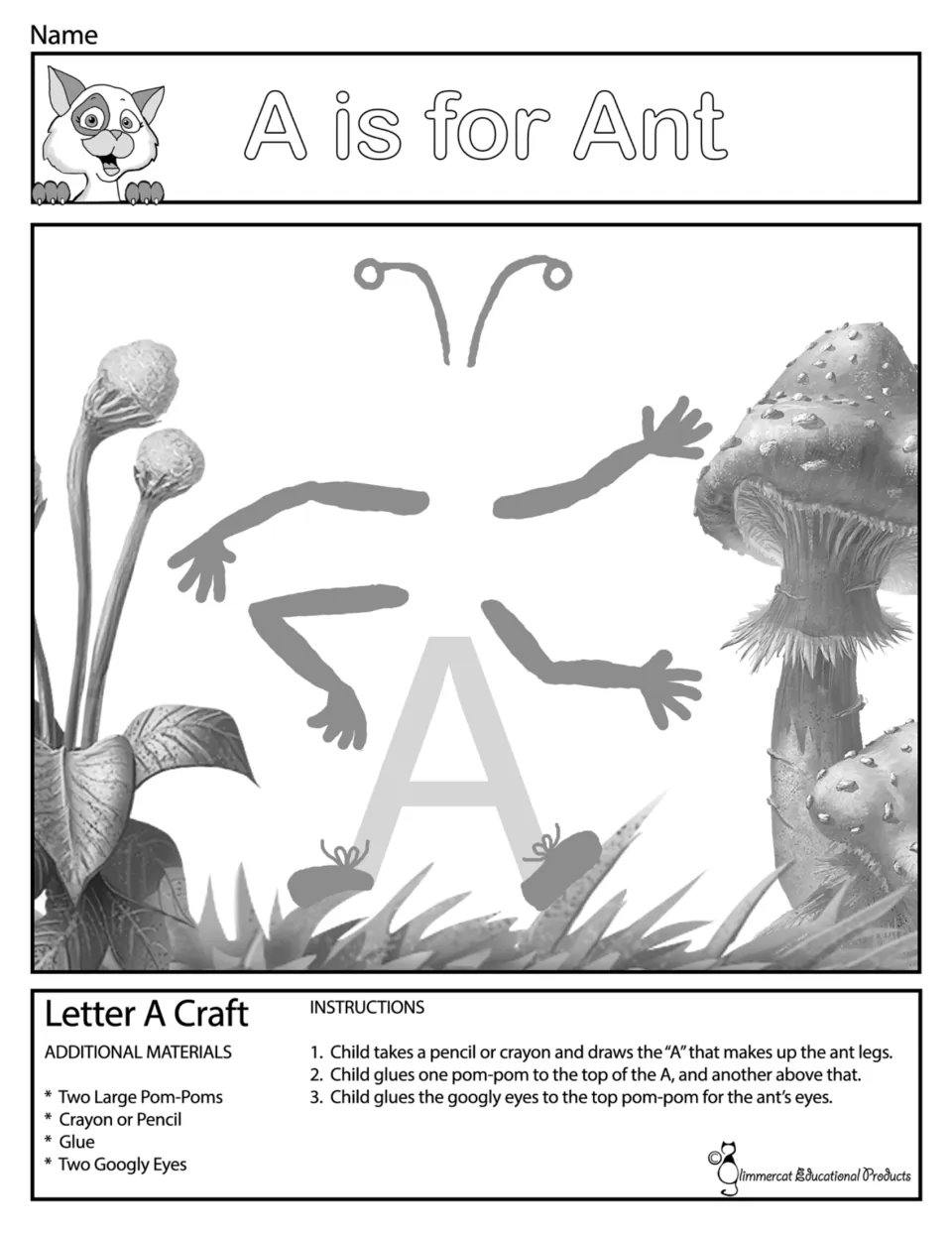 A is for Ant, grayscale: students draw over a letter A to form ant legs, then glue on two pom-poms and googly eyes