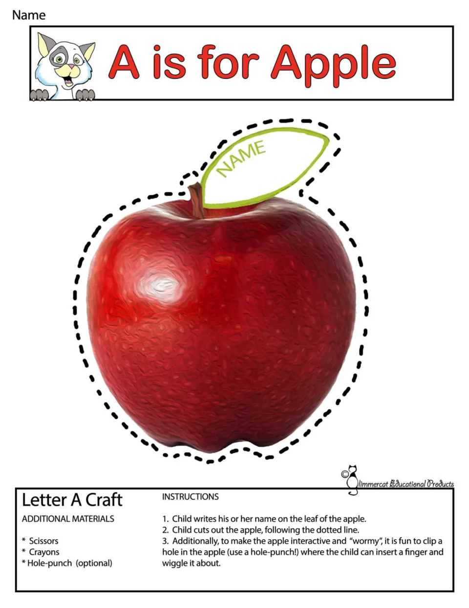 A is for Apple, color: students write their name on the leaf and cut the red apple out along the dotted line