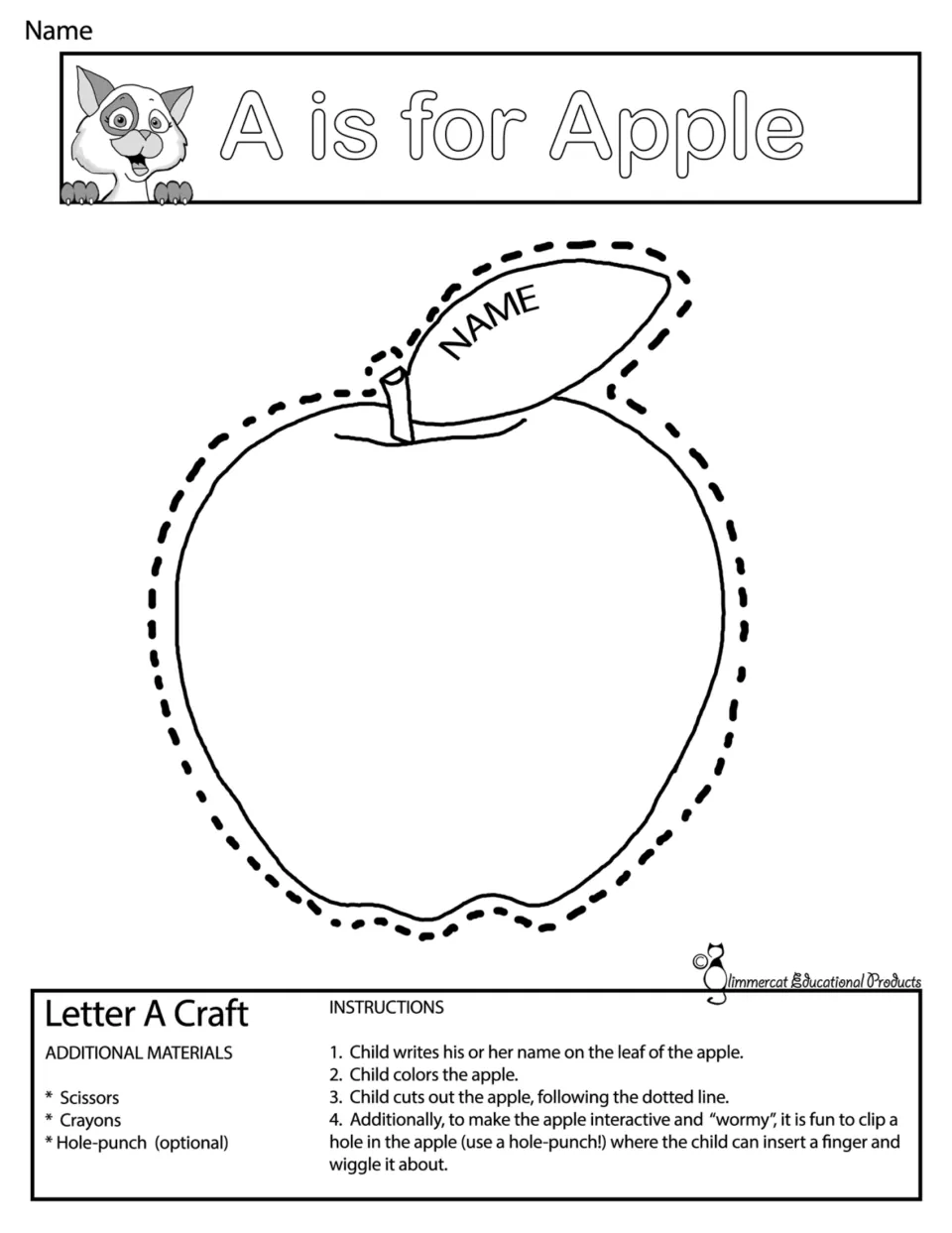 A is for Apple, outline: children write their name on the leaf, color the apple, then cut along the dotted line