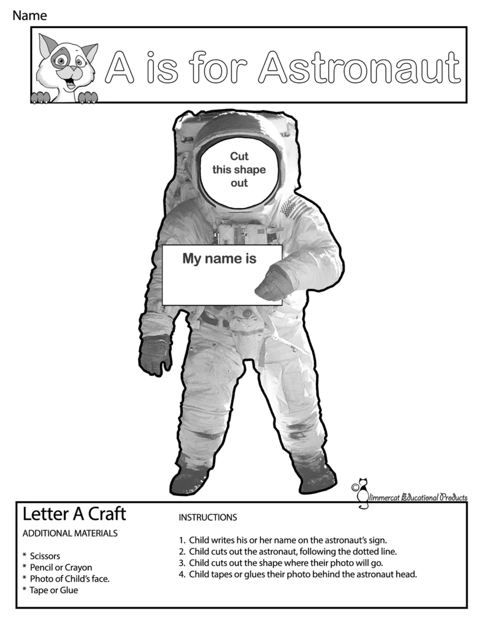 A is for Astronaut, grayscale: children sign their name, cut out the spacesuit figure and glue their photo in the helmet