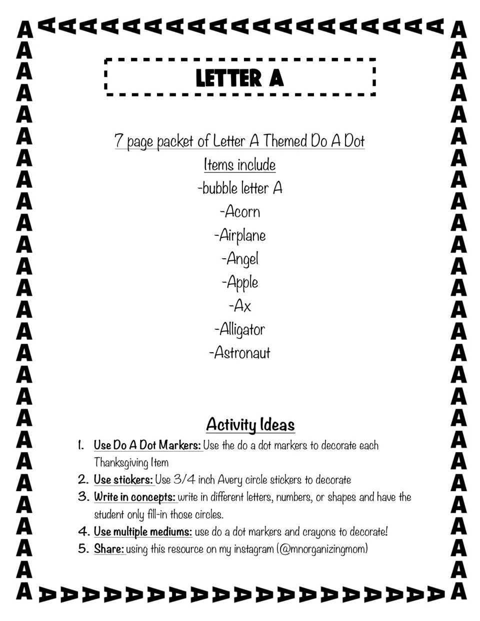 Letter A packet introduction lists eight designs and suggests dot markers, stickers, and crayons for decorating.