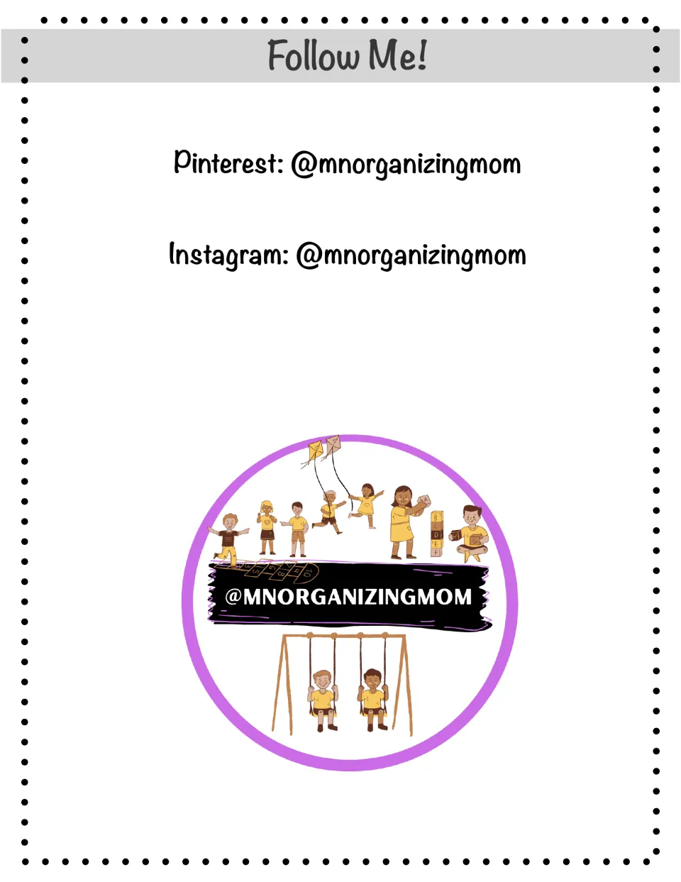 Creator follow page in the letter A packet lists Pinterest and Instagram accounts under @mnorganizingmom.