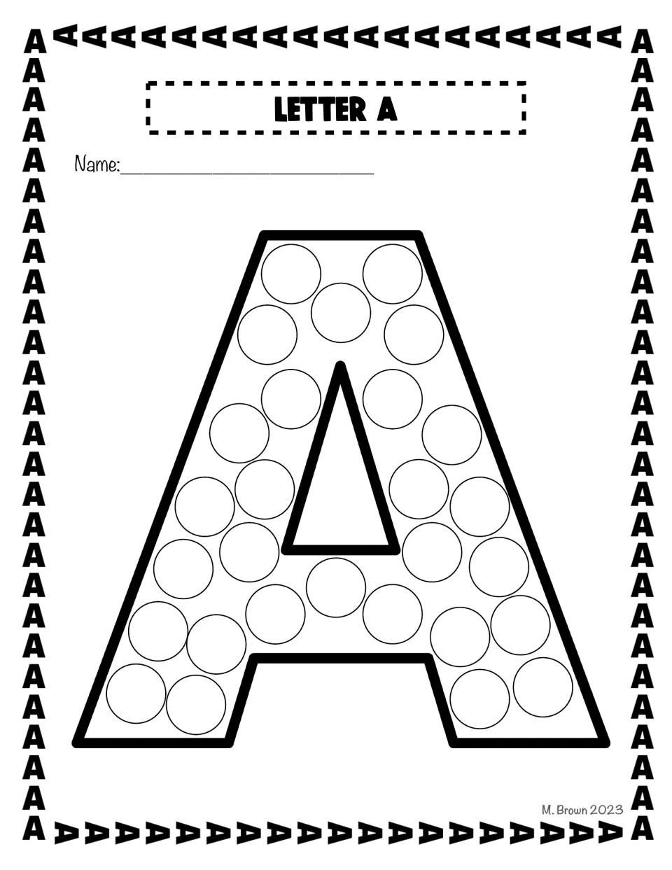 Uppercase A do-a-dot activity sheet begins the eight-design set, with circles inside the letter to decorate.