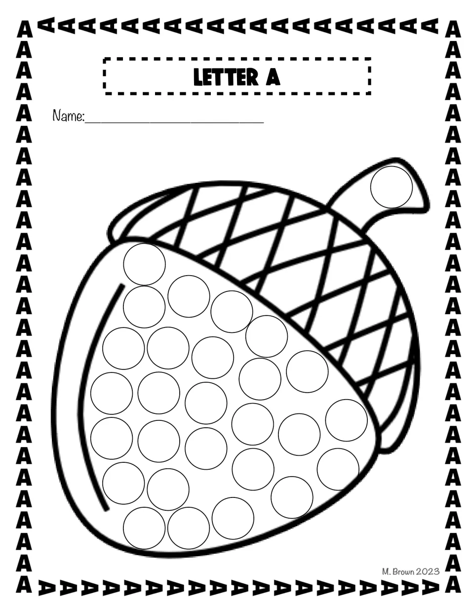 Acorn do-a-dot activity sheet in the letter A packet has circles across the nut and stem for decorating.