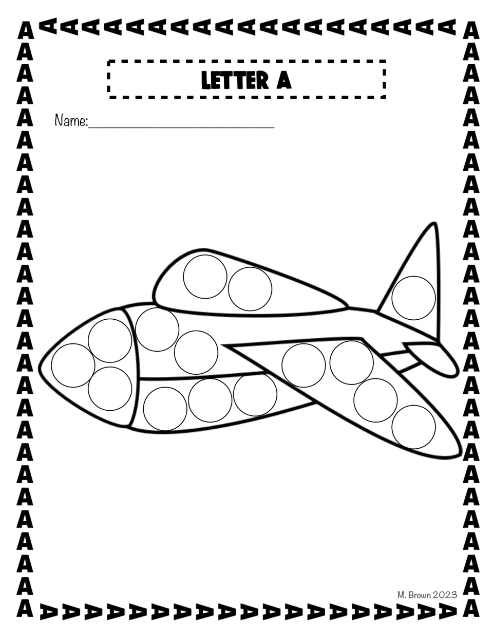 Airplane do-a-dot activity sheet in the letter A packet has circles on the body, wings, and tail to decorate.