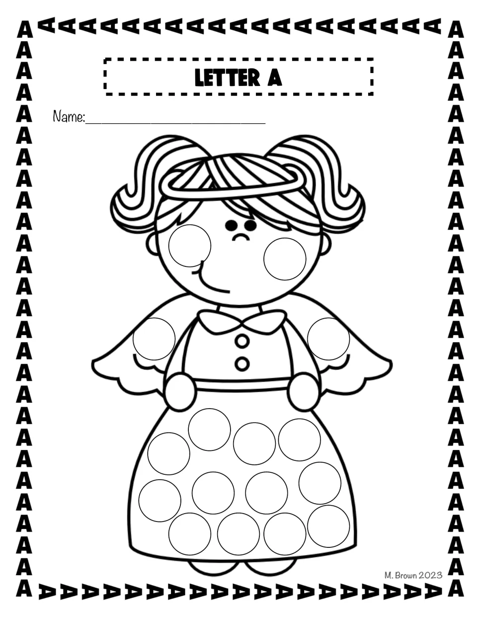 Angel do-a-dot activity sheet in the letter A packet has circles on the cheeks, wings, and dress to decorate.