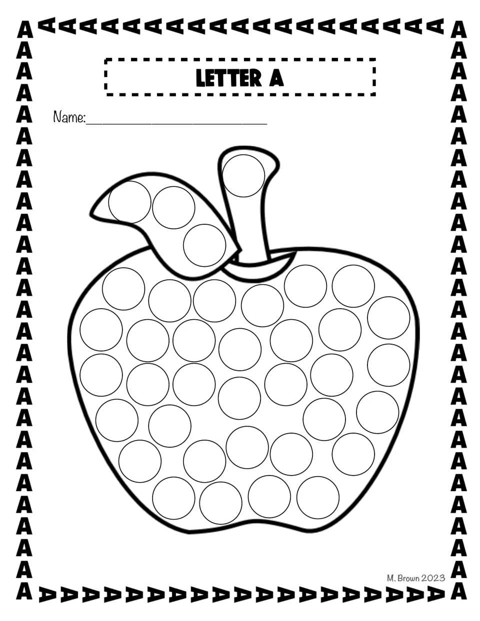 Apple do-a-dot activity sheet in the letter A packet has circles across the fruit, leaf, and stem to decorate.