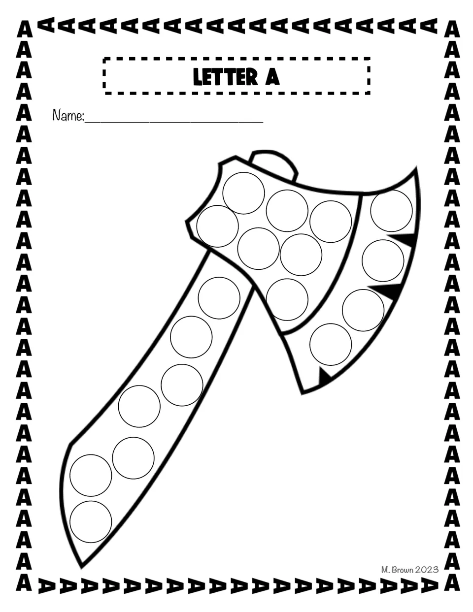 Ax do-a-dot activity sheet in the letter A packet has circles along the handle and across the head to decorate.