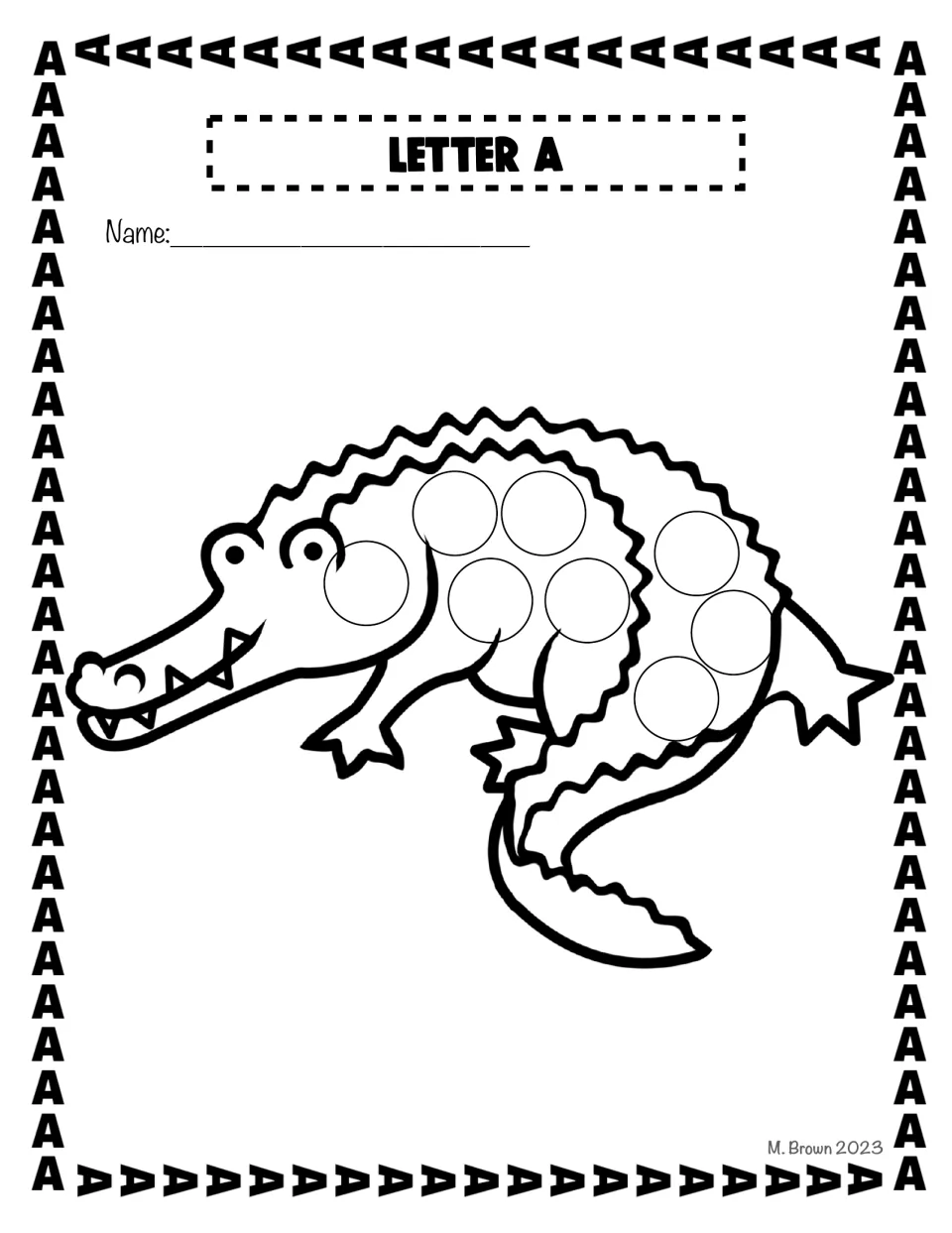 Alligator do-a-dot activity sheet in the letter A packet has circles across the animal's body to decorate.
